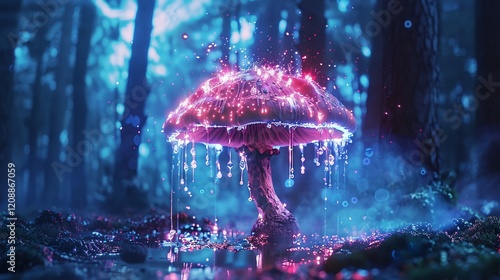 Faded dark shot of a luminous backlit glowing mushroom in a forest, with neon lights and water drops, hyperdetailed photo