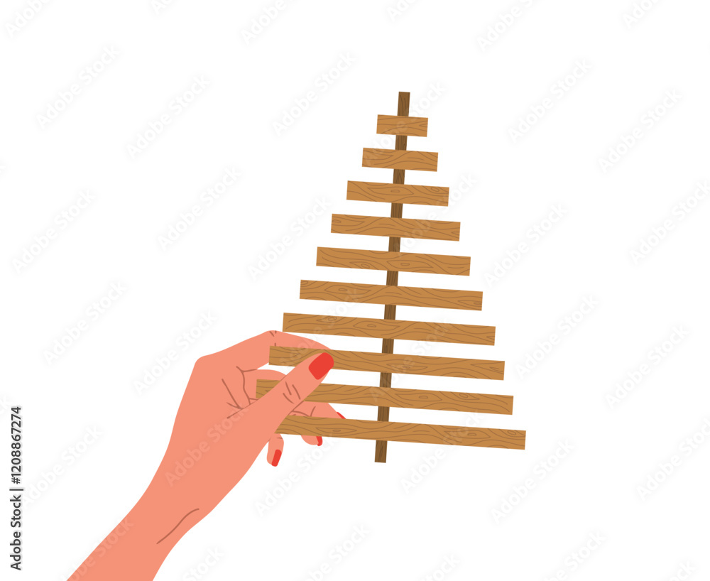 Obraz premium Handmade Christmas Tree. Female hand holding Christmas tree made of wooden planks. Zero waste holiday ornaments. Ecological seasonal decoration. Vector illustration in flat cartoon style.