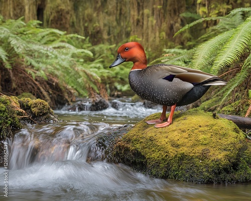 Red-breasted merganser by a mossy stream in a lush forest. photo