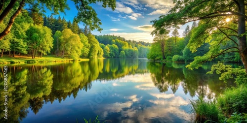 Soothing forest landscape with a serene lake and trees, tranquility, serene atmosphere,  tranquility