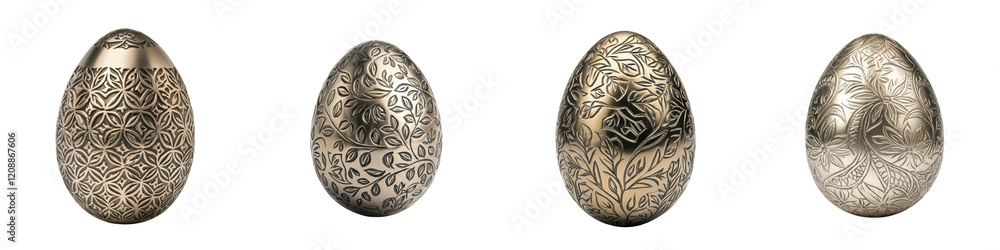 Ornate and decorative metallic Easter eggs with intricate carved and engraved patterns creating a luxurious vintage and artisanal feel These unique Ornate and decorative metallic Easter eggs with intricate carved and engraved patterns creating a luxurious vintage and artisanal feel These unique