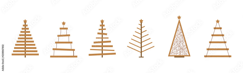 Fototapeta premium Rustic wooden Christmas Tree collection. Christmas tree made of wooden shelves. Eco friendly holiday ornaments. Plastic free concept. Vector illustration in flat cartoon style.