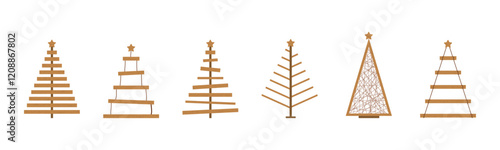 Rustic wooden Christmas Tree collection. Christmas tree made of wooden shelves. Eco friendly holiday ornaments. Plastic free concept. Vector illustration in flat cartoon style.