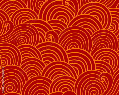 Abstract seamless pattern with golden waves on red background. Festive wrapping paper, textile, print. Chinese New Year, Tet, Lunar New Year.