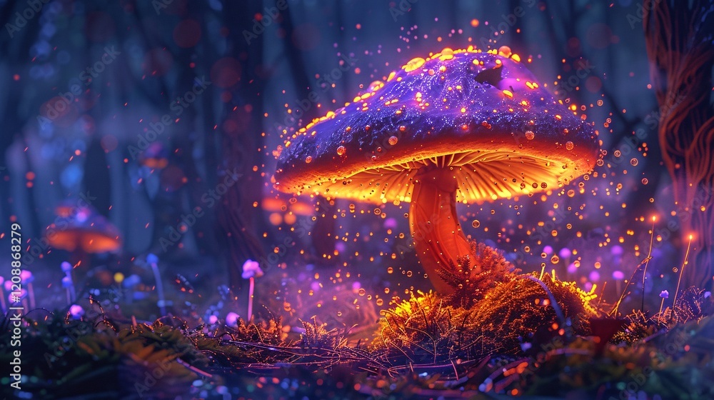 Luminous backlit glowing mushroom in a dark forest, surrounded by neon lights and drops, hyperdetailed Luminous backlit glowing mushroom in a dark forest, surrounded by neon lights and drops, hyperdetailed