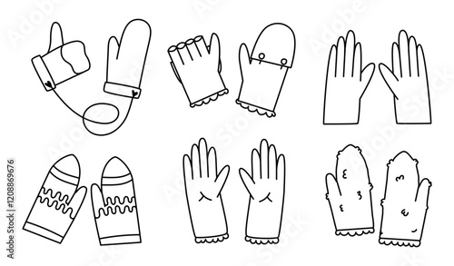 Mittens and gloves for winter and autumn. Set of accessories. Flat line vector illustration, eps10