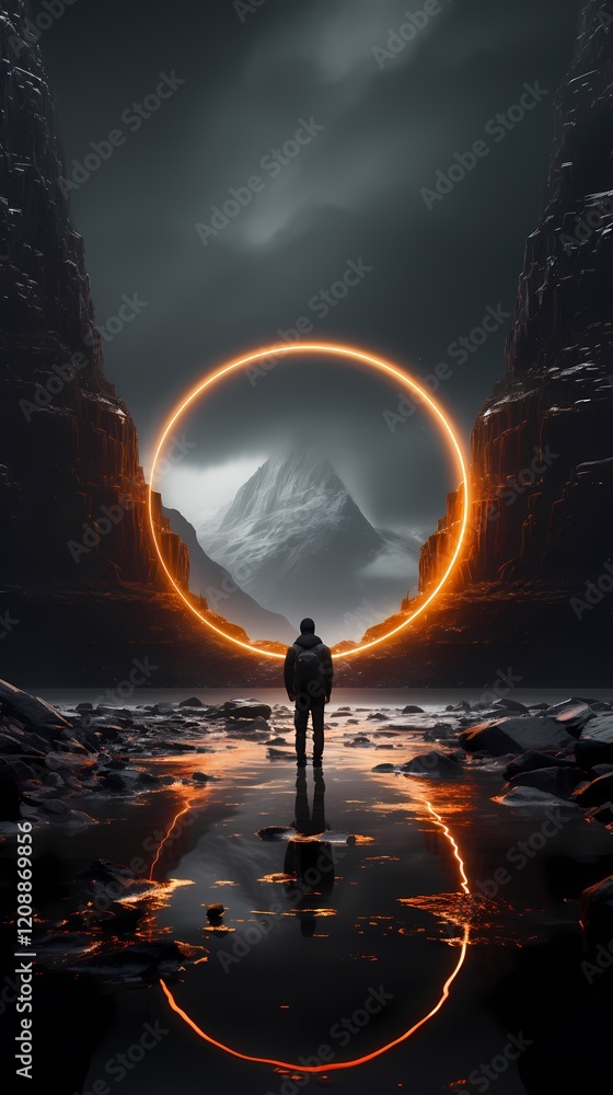 Digital technology black circle mountains landscape poster background Digital technology black circle mountains landscape poster background