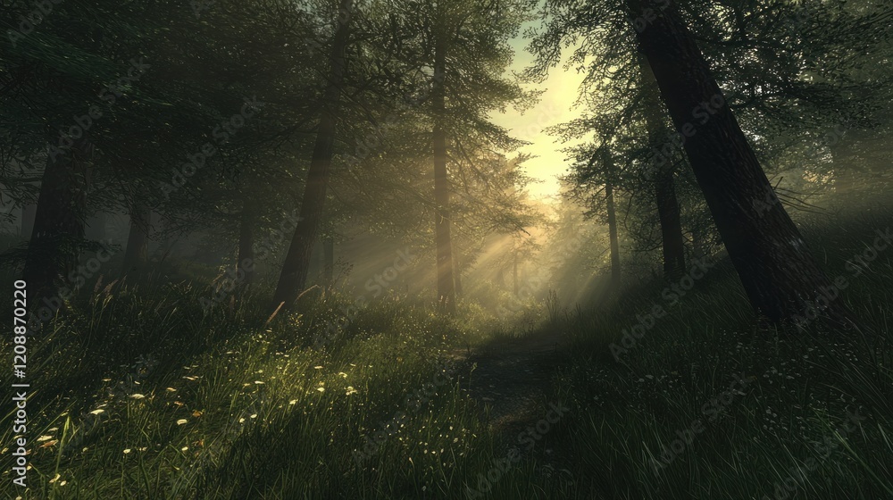 Obraz premium Sun rays pierce through a misty forest, illuminating a path.