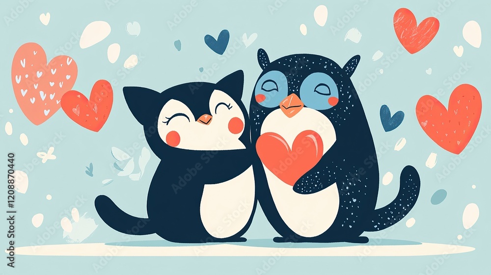 Naklejka premium Animal Pair Icons Lovebirds and Penguins, Valentine’s Day, valentine Icon