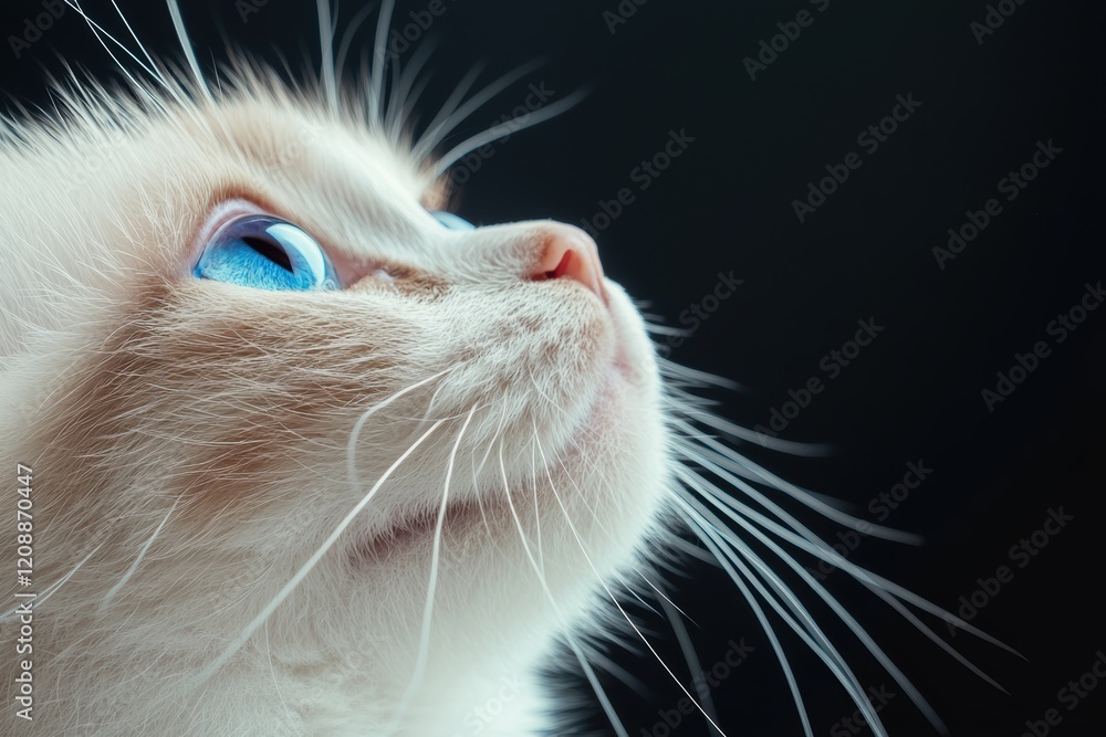 Close-up of a white Ragdoll cat with blue eyes, on a black background Close-up of a white Ragdoll cat with blue eyes, on a black background