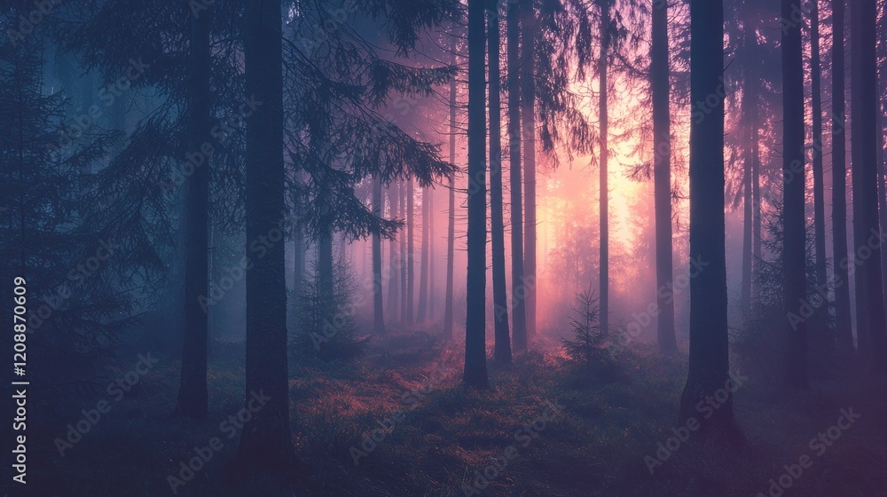 Obraz premium Misty forest sunrise, sunbeams through trees.