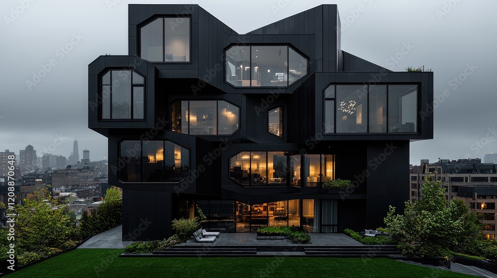 Obraz premium Modern black modular house with glowing geometric windows stands on a hillside overlooking a city skyline under an overcast sky.