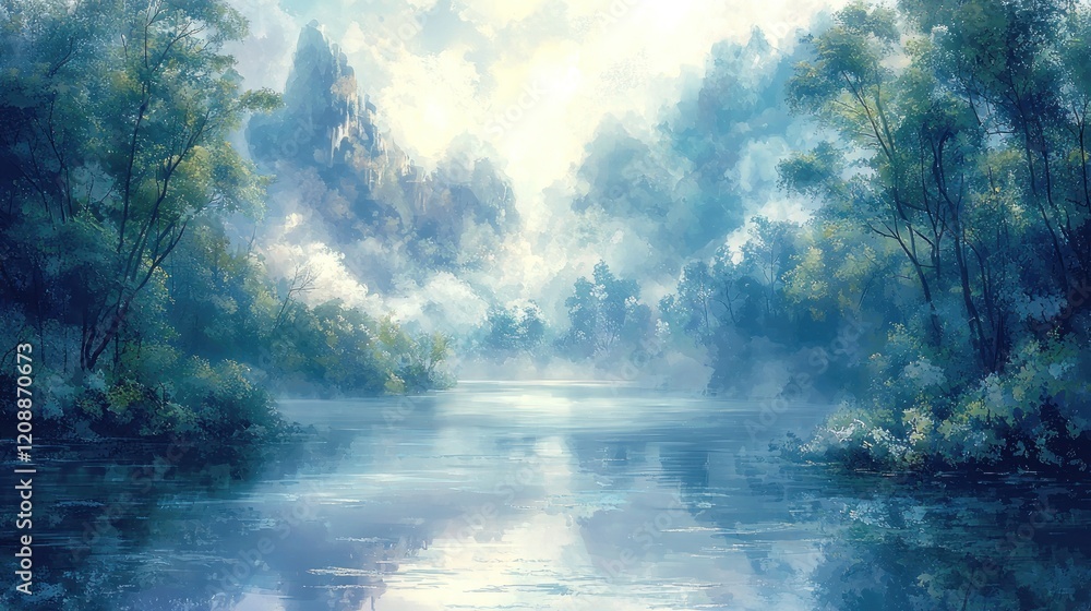 Misty lake reflecting mountains in serene forest. Misty lake reflecting mountains in serene forest.
