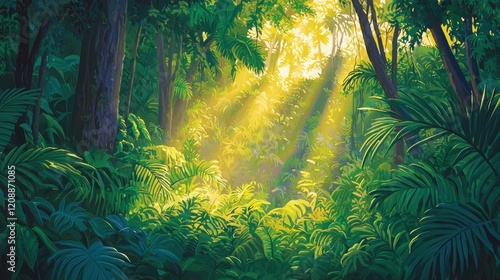 Sunbeams illuminate lush, green jungle foliage.