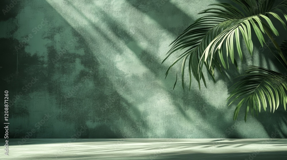 Green Wall with Shadow and Palm Leaves in Modern Setting Green Wall with Shadow and Palm Leaves in Modern Setting