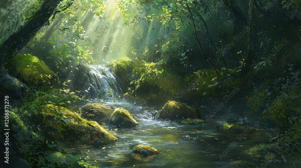 Sunlit forest stream with cascading waterfall. Sunlit forest stream with cascading waterfall.