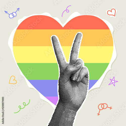 Fashionable halftone collage. Collage on the theme of pride month in retro style. Heart cut out of paper in scrapbooking style and hand with halftone effect gesture Victory. Fancy retro collage.  photo