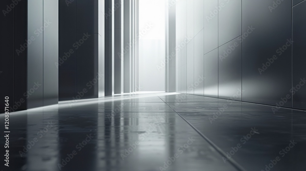 A Modern Architectural Corridor with Reflective Surfaces and Ambient Light Creating an Ethereal Atmosphere in a Minimalist Interior Design A Modern Architectural Corridor with Reflective Surfaces and Ambient Light Creating an Ethereal Atmosphere in a Minimalist Interior Design