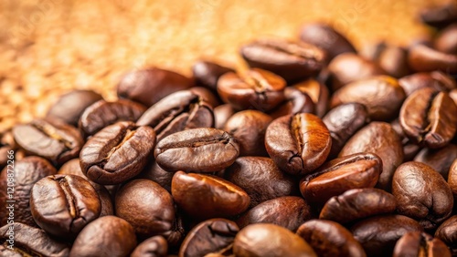 Wallpaper Mural Dark brown coffee beans with a slightly lighter spot on the surface are visible against a warm beige background in a macro shot , beige, roasted coffee Torontodigital.ca