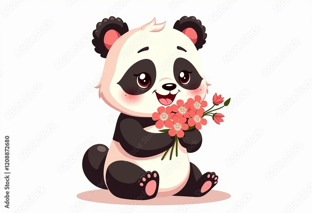 Naklejka premium Exaggerated Panda Cartoon: Holding Flowers, Vector, Bright Colors, Flat Color Blocks, Simple Lines, White Background, Chibi Style, No Shadows, Anthropomorphic.