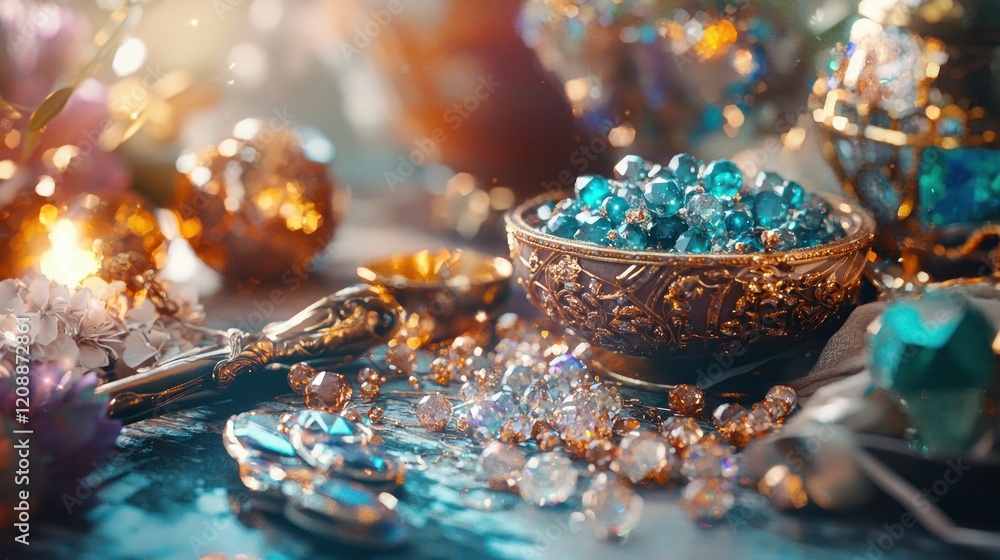 Sparkling teal gemstones in ornate bowl, jewelry. Sparkling teal gemstones in ornate bowl, jewelry.