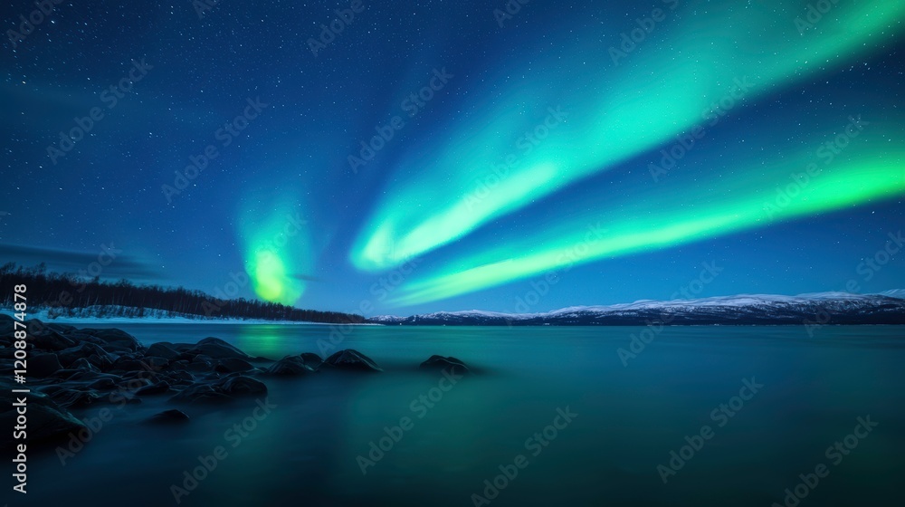 Breathtaking aurora borealis illuminating a serene Arctic night sky over a frozen lake Breathtaking aurora borealis illuminating a serene Arctic night sky over a frozen lake