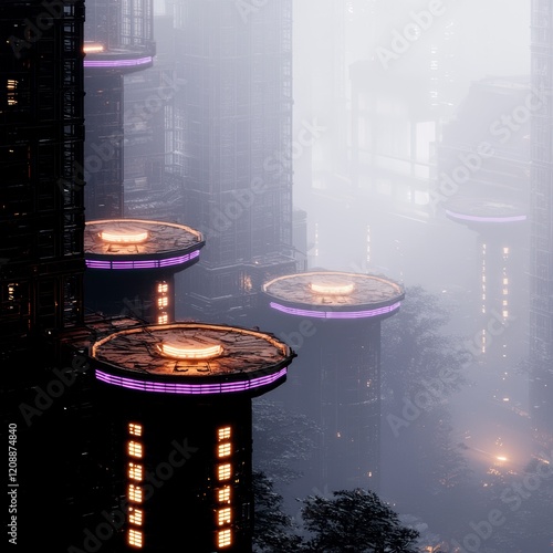 Futuristic Cityscape  Cyberpunk Neon Towers  Foggy Night  Sci Fi Architecture photo