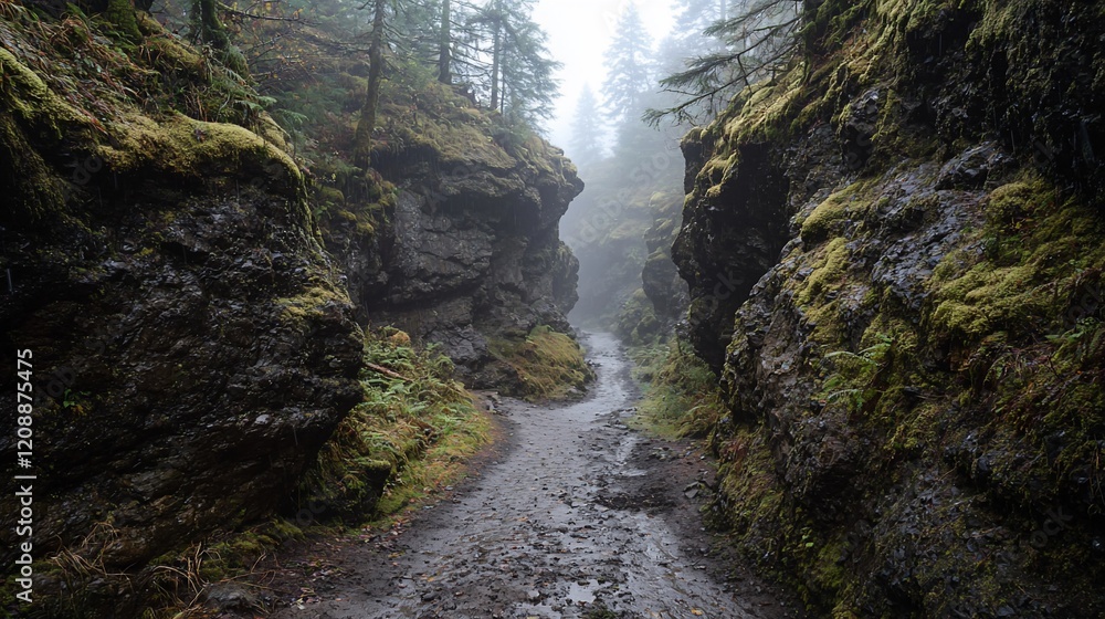 Obraz premium Misty forest trail through mossy canyon walls.