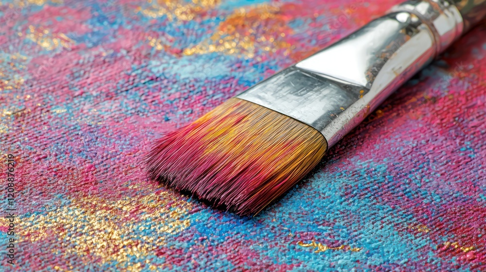 A close-up of a paintbrush resting on a colorful, textured canvas. A close-up of a paintbrush resting on a colorful, textured canvas.