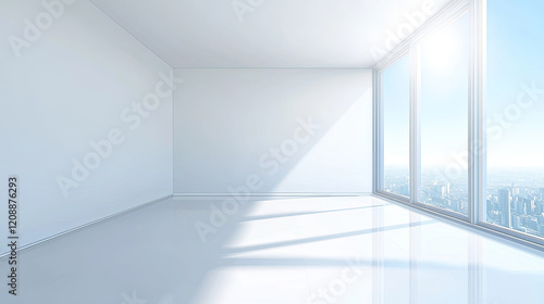 Bright, empty room with large windows and city view