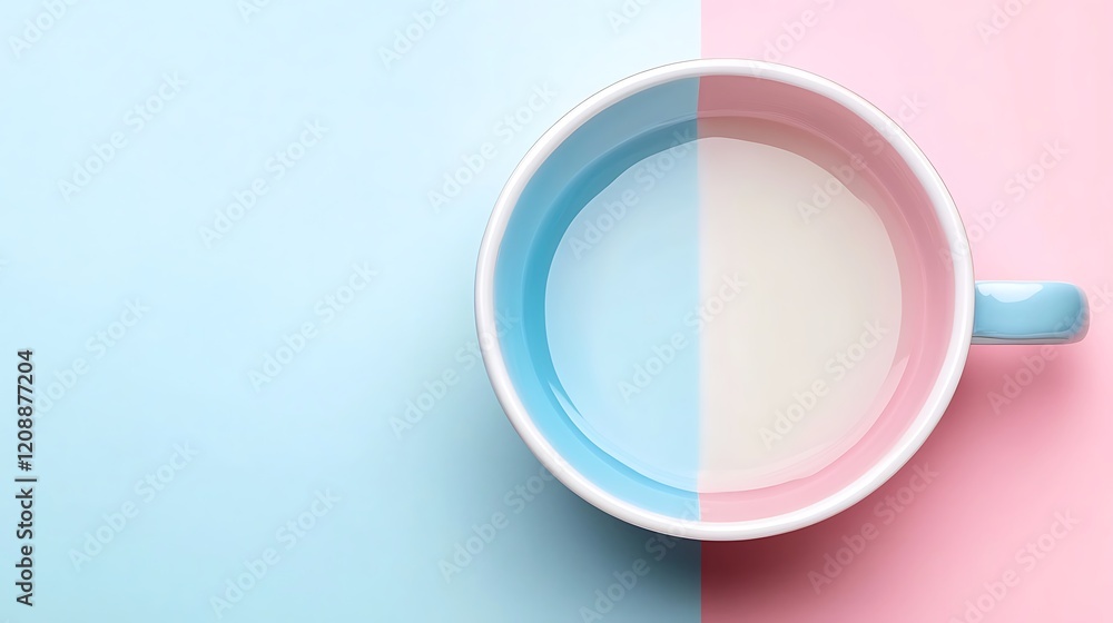 Pastel Mug Half Filled With Milk On Colored Background Pastel Mug Half Filled With Milk On Colored Background