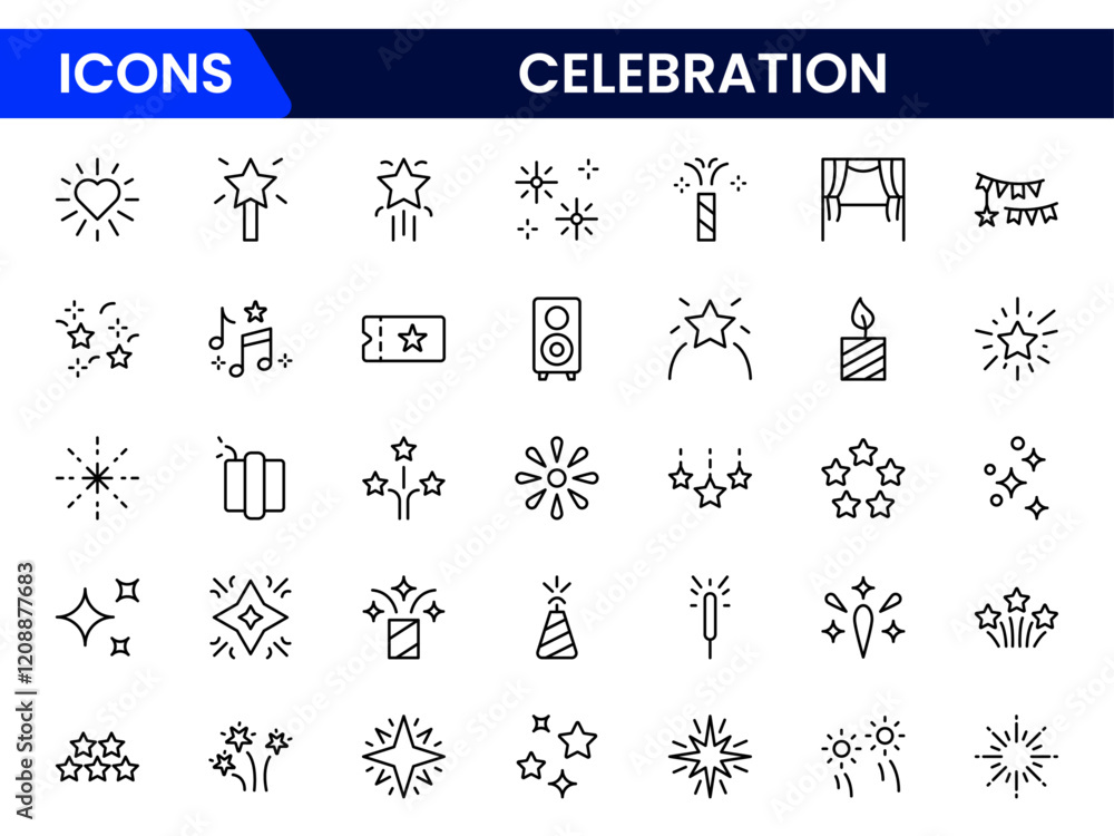Celebrate icon set. Containing celebration, fireworks, cheers, party, gifts, champagne, surprises, events, balloons, and invitations. vector collection. Celebrate icon set. Containing celebration, fireworks, cheers, party, gifts, champagne, surprises, events, balloons, and invitations. vector collection.