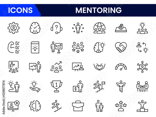 A set of line icons related to Mentoring. Mentor, training, skill, leadership, target, time, communication, plan, education, and so on. Vector outline icons set.