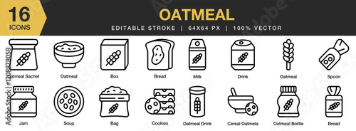 Oatmeal icon set. Editable Stroke Icon Collection. Includes Oatmeal, Food, Cooking, Ingredient, Cereal, Grain, and More. Outline icons vector collection.