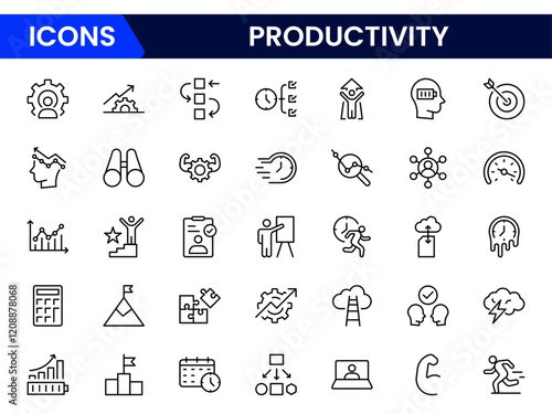 Productivity and efficiency. Outline icon collection. Linear business and leader symbols. Vector illustration.