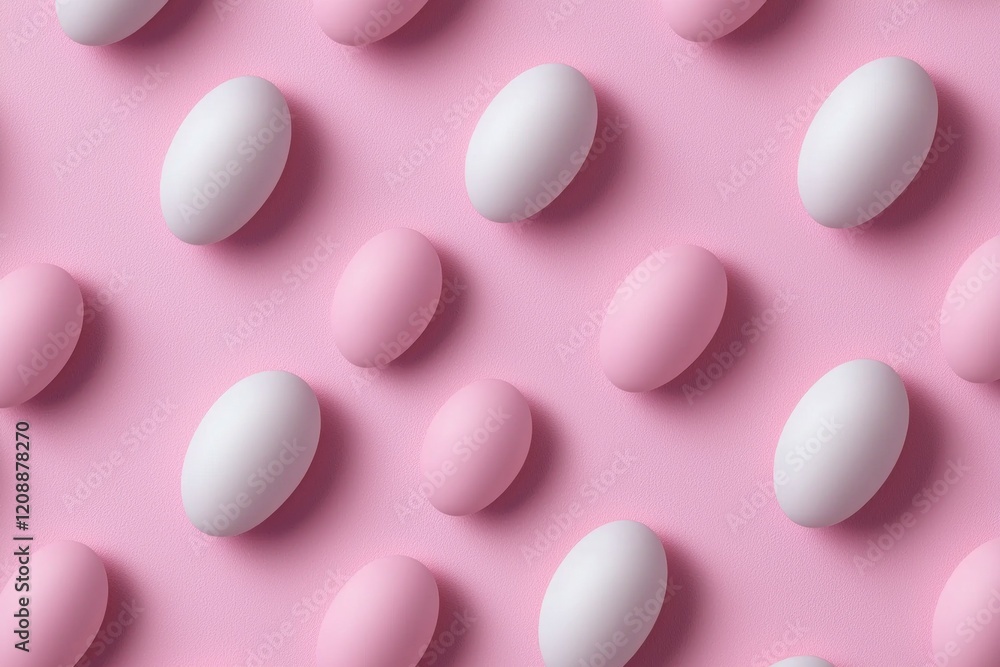 Pink and white eggs arranged on textured pink background Pink and white eggs arranged on textured pink background