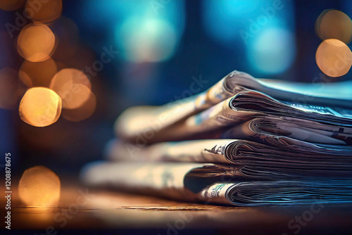 Pile of newspapers with soft background, close-up