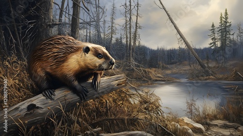 Beaver in dry forest landscape