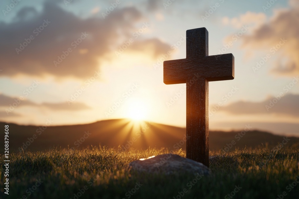 Wooden cross is standing in a field with a sunset in the background Wooden cross is standing in a field with a sunset in the background