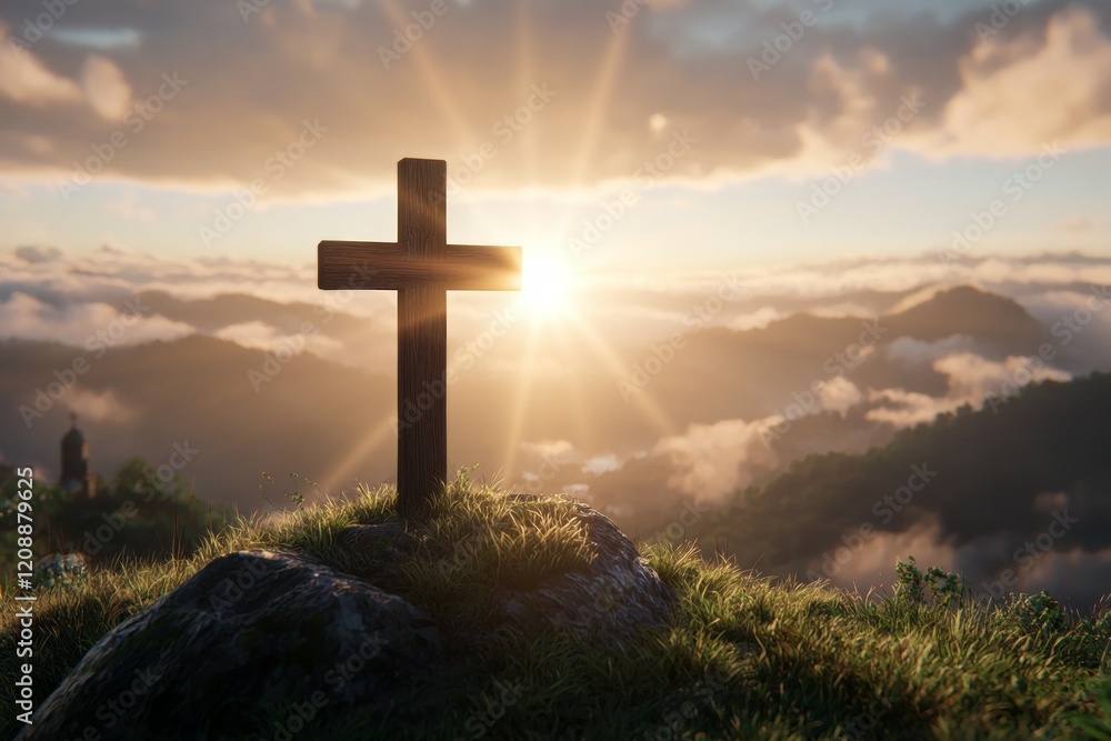 Wooden cross is on a rock in a grassy field Wooden cross is on a rock in a grassy field