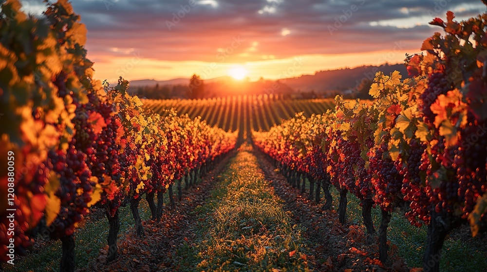 Naklejka premium Golden Hour at the Vineyard Row: Sun Setting Over a Lush Grape Harvest Field