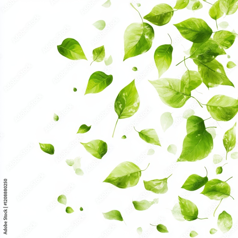 Green Leaves Falling on White Background in Soft Natural Light Green Leaves Falling on White Background in Soft Natural Light