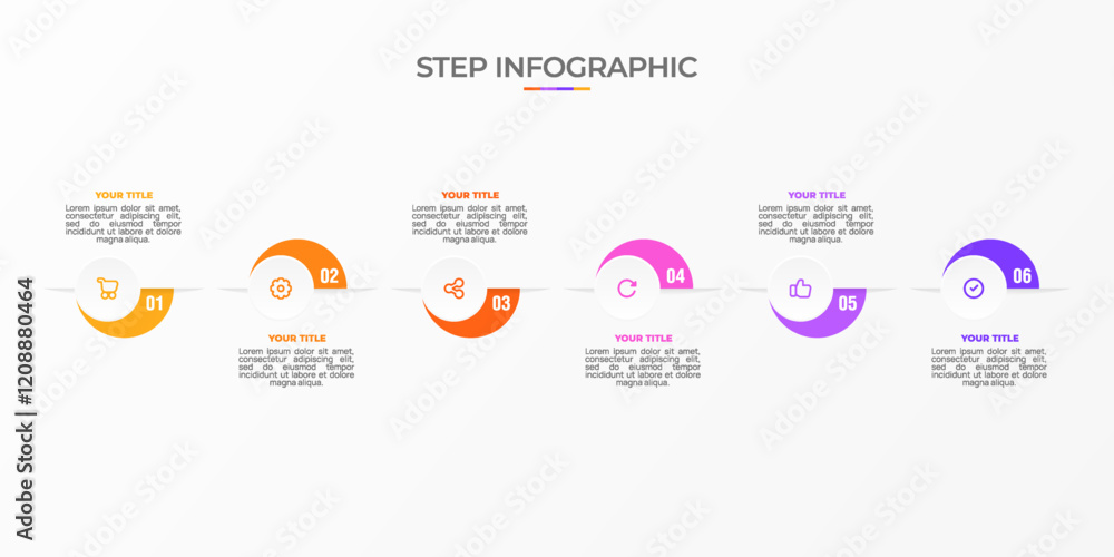 Fototapeta premium Infographic template. 6 Step timeline journey, Flat simple infographics design template. Presentation graph. Business concept with icon 6 options or steps. Background vector illustration.