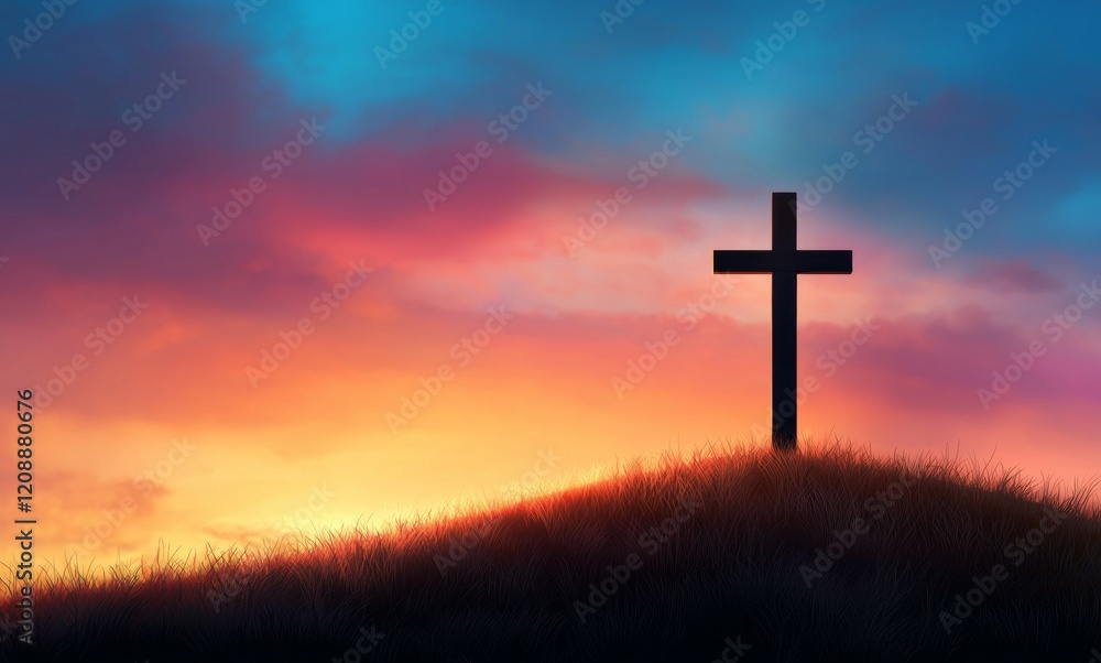 Cross is on a hillside at sunset Cross is on a hillside at sunset