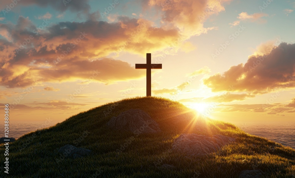Cross is on a hill with a beautiful sunset in the background Cross is on a hill with a beautiful sunset in the background