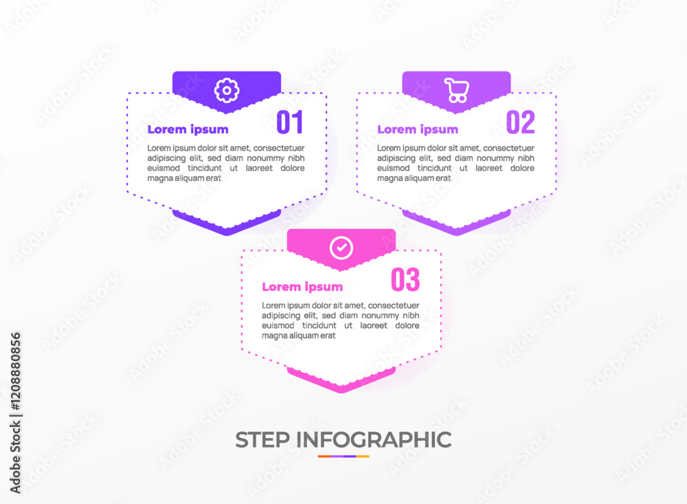 Infographic template. 3 Step timeline journey, Flat simple infographics design template. Presentation graph. Business concept with icon 3 options or steps. Background vector illustration.