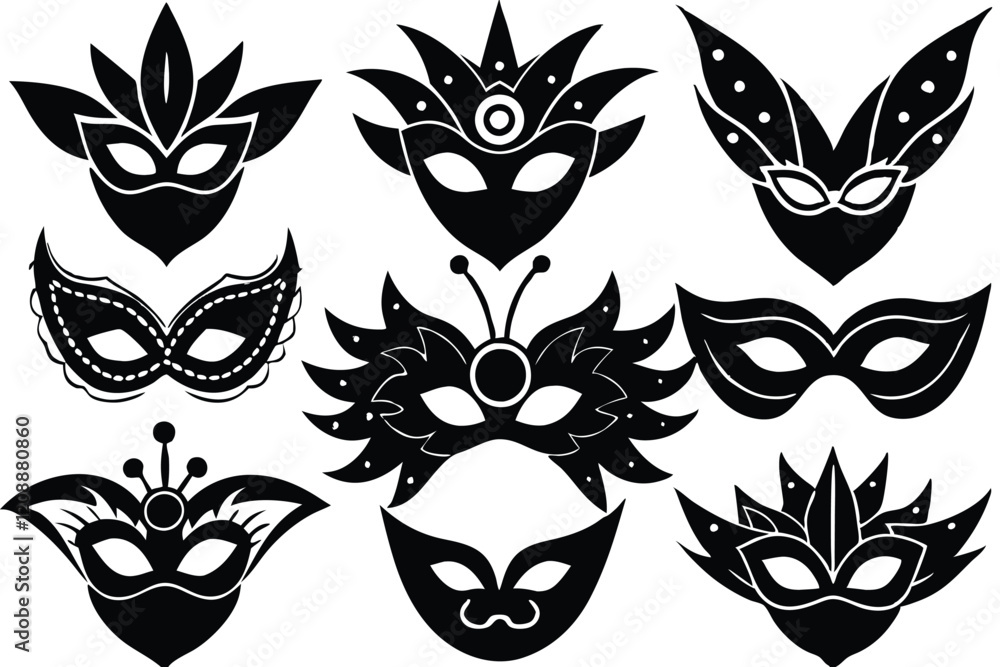 Fototapeta premium Vector illustration festive masks silhouette in black on a white background