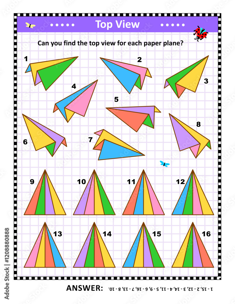 Ταπετσαρία Math visual puzzle or picture riddle with colorful paper planes: Can you find the top view for each paper plane? Answer included