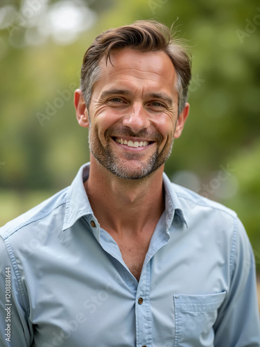 A friendly, smiling man in his 30s or 40s, with a relaxed yet confident look. casually dressed in a shirt, with a slight smile, and standing in a park or home environment