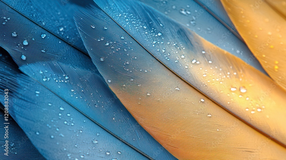 Obraz premium Close-up of colorful feathers with droplets, showcasing texture and vibrant hues.